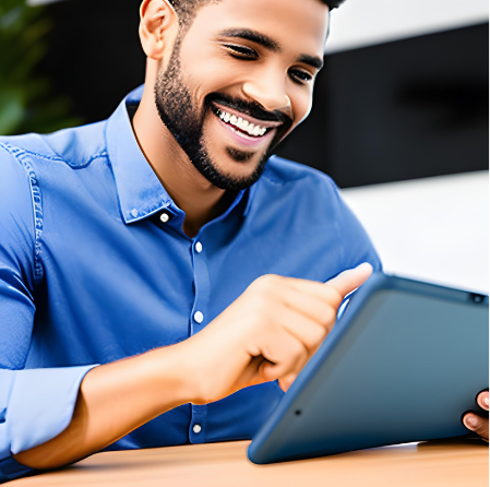 A sales rep reviewing new content on a tablet